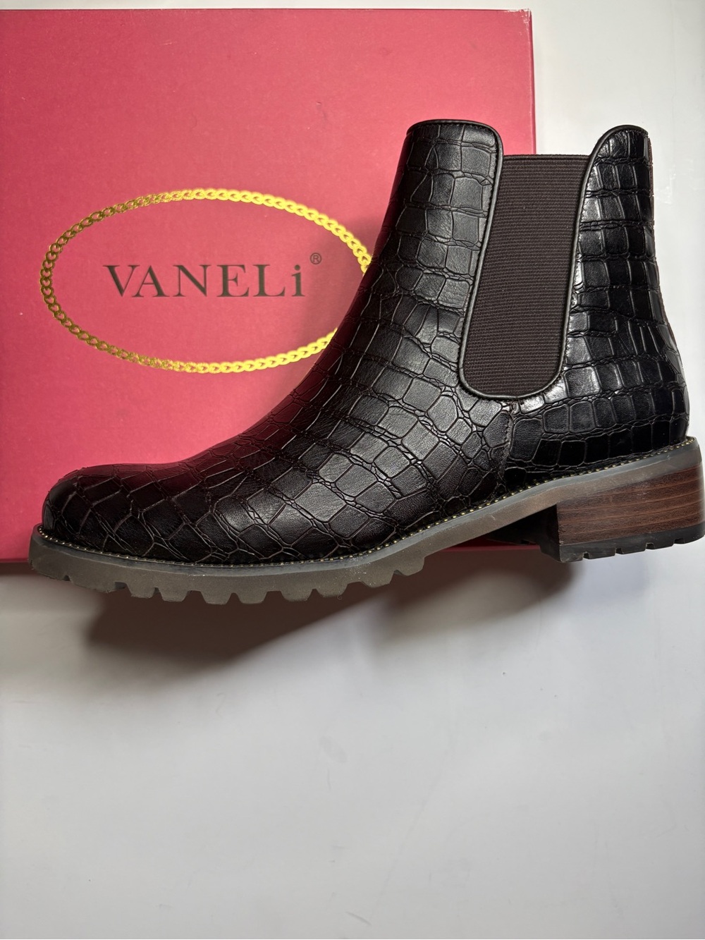 VANELi Landus chocolate brown crocodile print leather upper Chelsea ankle bootie